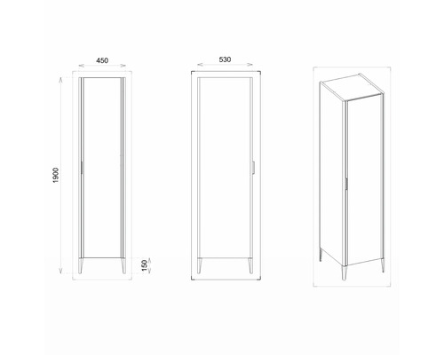 Technische Zeichnung eines Schranks mit Maßangaben