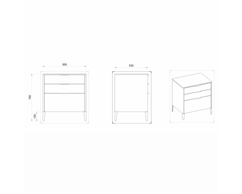 Zeichnung eines Badezimmer-Unterschranks mit Maßen