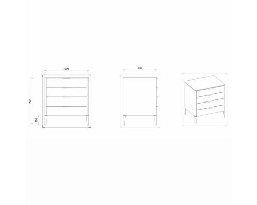 Technische Zeichnung einer Kommode mit vier Schubladen und Maßen