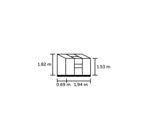 Abmessungen eines Gewächshauses: 1,82 Meter Höhe, 0,69 Meter Breite, 1,94 Meter Länge und 1,53 Meter Höhe.