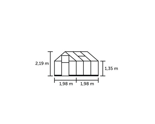 Schema eines Gewächshauses mit den Maßen 1,98 Meter, 1,98 Meter, 1,35 Meter und 2,19 Meter.