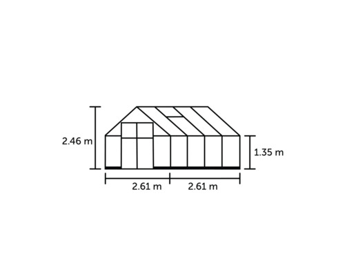 Abmessungen eines Gewächshauses: 2,46 m hoch, 2,61 m breit und 1,35 m Seitenhöhe.