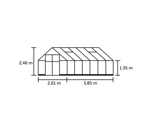 Technische Zeichnung eines Gewächshauses mit den Maßen 2,46 Meter Höhe, 2,61 Meter Breite und 3,85 Meter Länge.