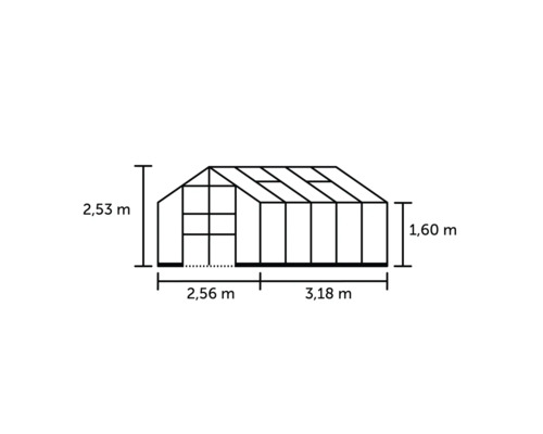 Technische Zeichnung eines Gewächshauses mit Maßangaben.