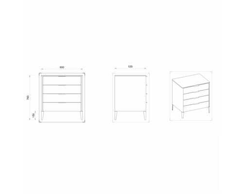 Technische Zeichnung einer Kommode mit vier Schubladen und Maßen.