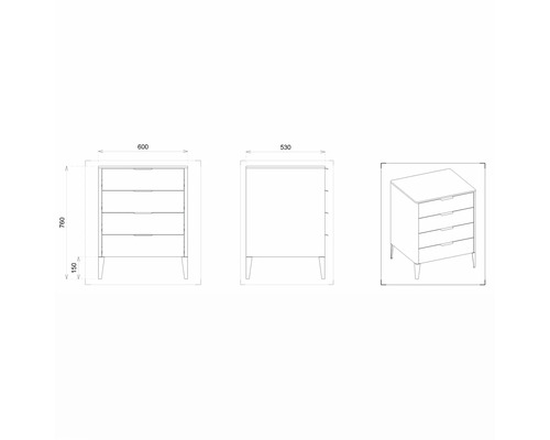 Technische Zeichnung einer Kommode mit fünf Schubladen und Maßangaben.