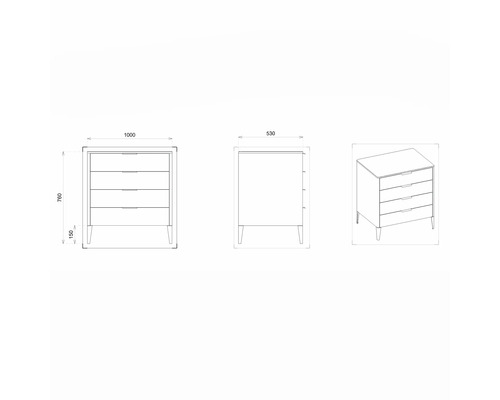 Technische Zeichnung einer Kommode mit Schubladen und Maßangaben