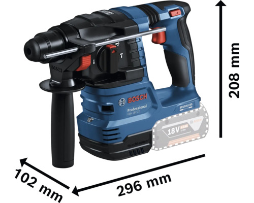 Bosch Bohrhammer mit den Maßen 208 mm Höhe, 102 mm Breite und 296 mm Länge