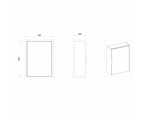 Zeichnung eines Badezimmerschranks mit den Maßen 480, 200 und 620 Millimeter.