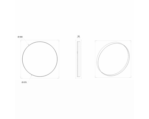 Technische Zeichnung eines runden Spiegels mit Maßangaben