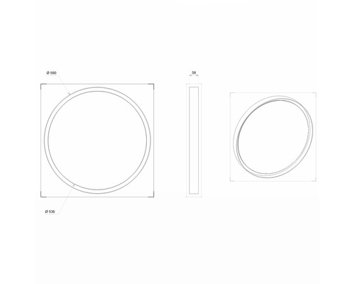 Technische Zeichnung eines runden Spiegels in quadratischem Rahmen mit Maßangaben.