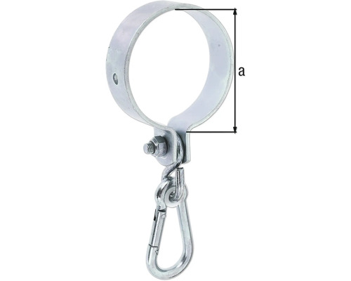 Rohrschelle mit Karabinerhaken und Größenangabe