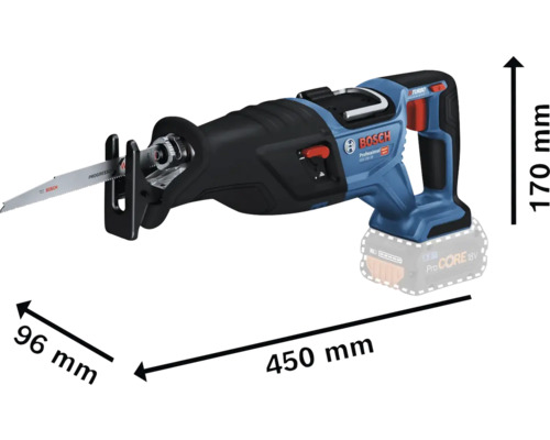 Bosch Akku-Säbelsäge mit einer Länge von 450 mm, einer Höhe von 170 mm und einer Breite von 96 mm.