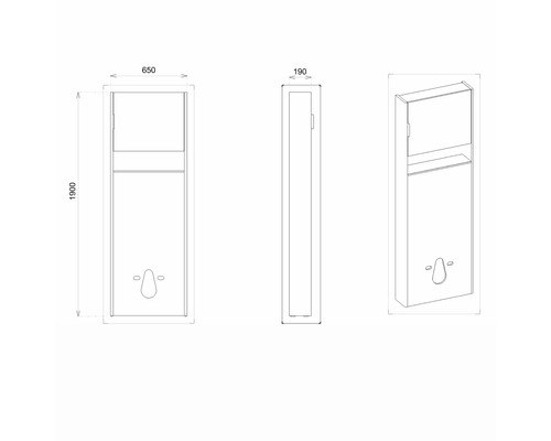 Technische Zeichnung eines Spenders mit den Maßen 650 x 190 x 1900 Millimeter.