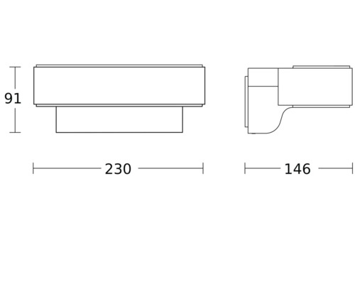 Technische Zeichnung einer Wandleuchte mit den Maßen 230, 146 und 91 Millimeter