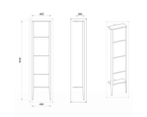 Technische Zeichnung eines Hochschranks mit Abmessungen