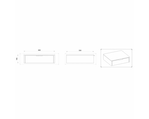 Technische Zeichnung eines Waschtischunterschranks mit den Maßen 600 x 530 x 160 mm.