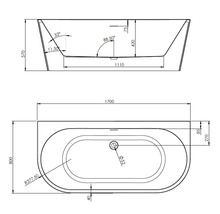 Technische Zeichnung einer Badewanne mit Maßen