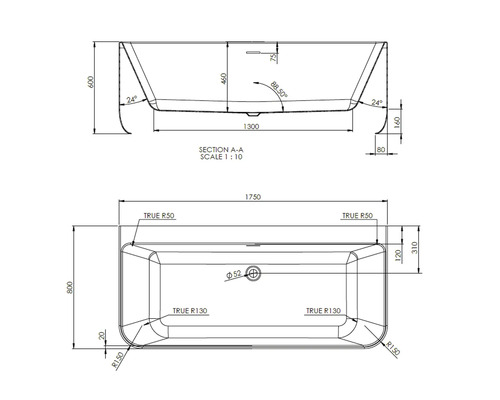 Technische Zeichnung einer Badewanne mit Maßen