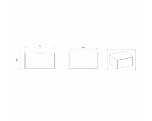 Technische Zeichnung einer Aufbewahrungsbox mit Abmessungen