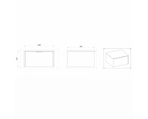 Technische Zeichnung eines Schubladenelements mit Maßangaben