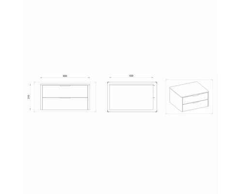 Zeichnung eines Waschtischunterschranks mit Maßangaben für die Badplanung