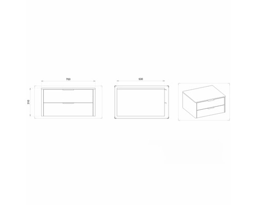 Technische Zeichnung eines Waschtischunterschranks mit zwei Schubladen und Maßangaben