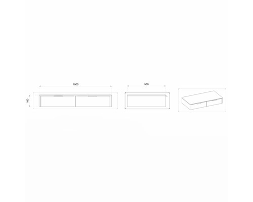 Technische Zeichnung eines Waschtischunterschranks mit den Maßen 1000 x 530 x 160 mm.