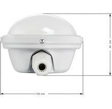 Detailaufnahme einer weißen Außenleuchte mit den Maßen 100 mm Breite und 68 mm Höhe