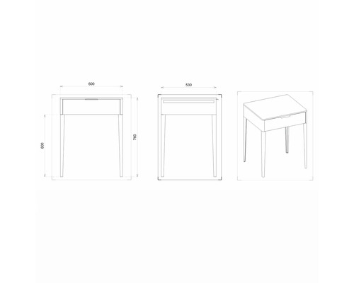 Technische Zeichnung eines Schreibtisches mit Schublade und Maßen