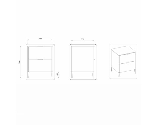 Technische Zeichnung eines Waschtischunterschranks mit Abmessungen.