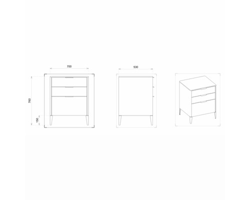 Technische Zeichnung eines Waschtischunterschranks mit drei Schubladen und Maßen