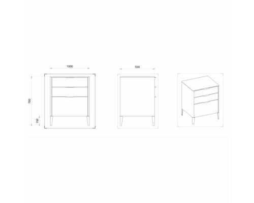 Technische Zeichnung eines Kommode mit drei Schubladen und Abmessungen.