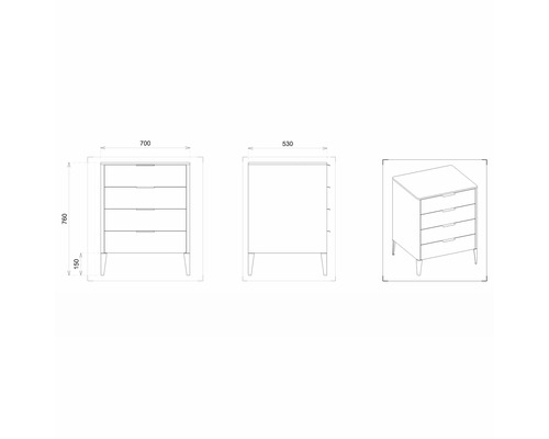 Zeichnung einer Kommode mit Schubladen und Maßangaben