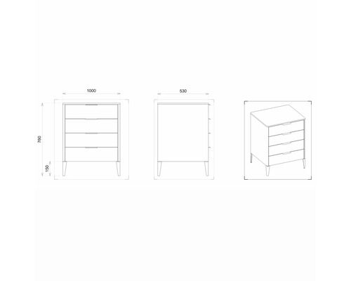 Technische Zeichnung einer Kommode mit vier Schubladen und Maßangaben
