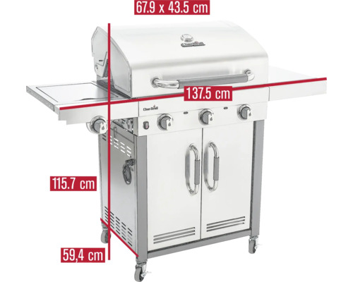 Char-Broil Gasgrill mit den Maßen 67,9 x 43,5 cm (Höhe x Tiefe) und 137,5 cm Breite, 115,7 cm Höhe und 59,4 cm Tiefe.