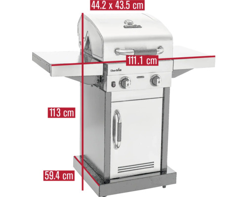 Char-Broil Gasgrill mit den Maßen 44,2 x 43,5 cm, 111,1 cm, 113 cm und 59,4 cm.