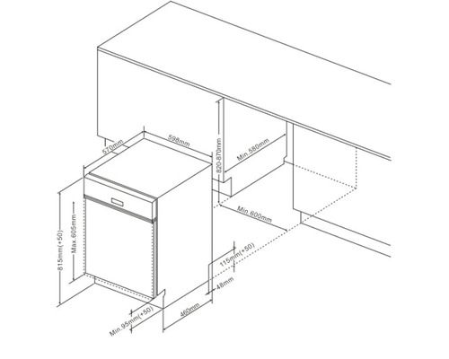 Produktzeichnung eines Geschirrspülers mit Maßangaben