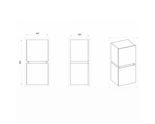 Technische Zeichnung eines Unterschranks mit Abmessungen
