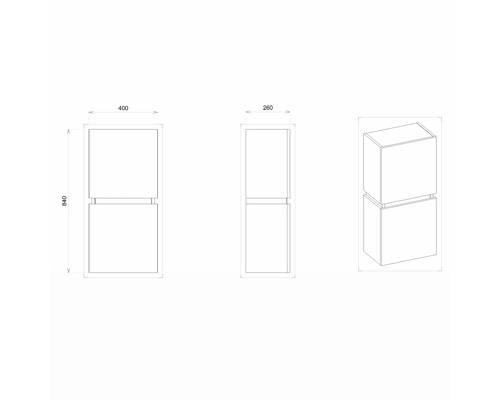 Technische Zeichnung eines Badmöbel-Sets mit zwei Schubladen und den Maßen 400 x 260 x 840 Millimeter.