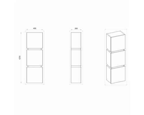 Technische Zeichnung eines Möbels mit drei Fächern, Abmessungen 400 x 260 x 1270 Millimeter
