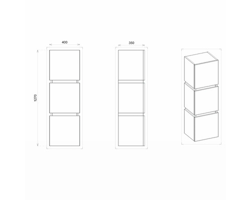 Technische Zeichnung eines Schranks mit drei Fächern und Maßangaben