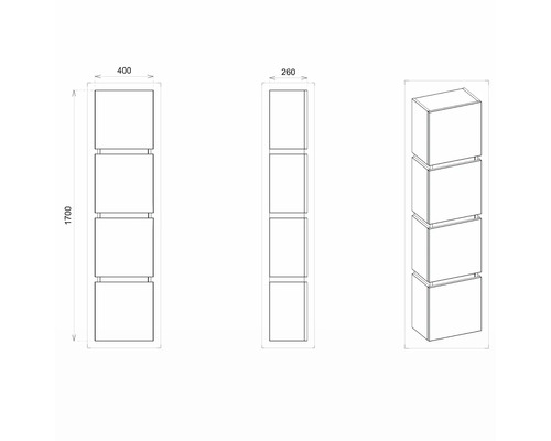 Technische Zeichnung eines Regals mit vier Fächern und Maßangaben.