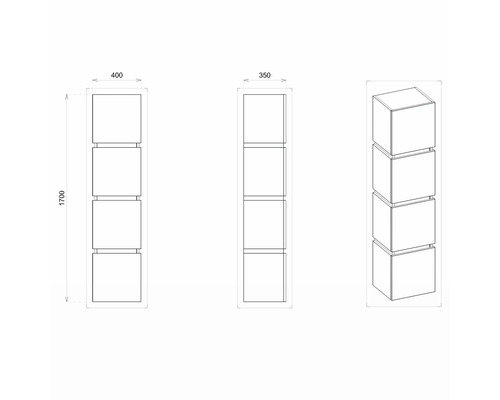 Technische Zeichnung eines Regals mit vier quadratischen Fächern und Größenangaben.