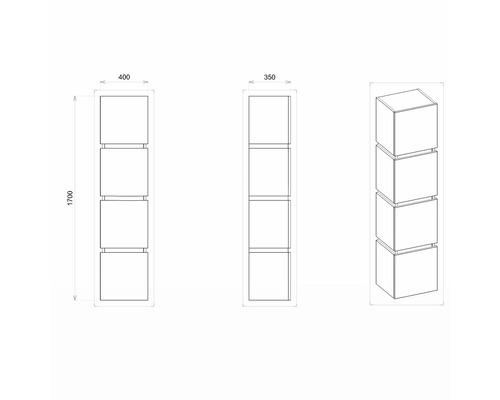 Technische Zeichnung eines Regals mit vier Fächern und Maßangaben