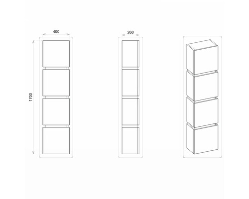 Technische Zeichnung eines Regals mit vier Fächern und den Maßen 400 x 260 x 1700 Millimeter