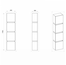 Technische Zeichnung eines Regals mit vier Fächern, Abmessungen 1700x400x260 mm