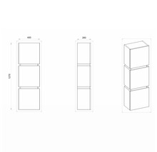 Technische Zeichnung eines Hängeschranks mit drei Fächern und den Maßen 400 x 260 x 1270 Millimeter.