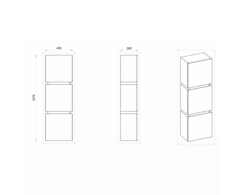 Technische Zeichnung eines Badezimmer Hochschranks mit drei Fächern, Maße 400 x 260 x 1270 Millimeter.