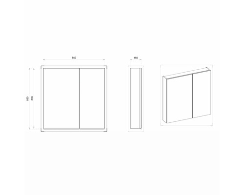 Technische Zeichnung eines Spiegelschranks mit den Maßen 850x835x150 Millimeter.